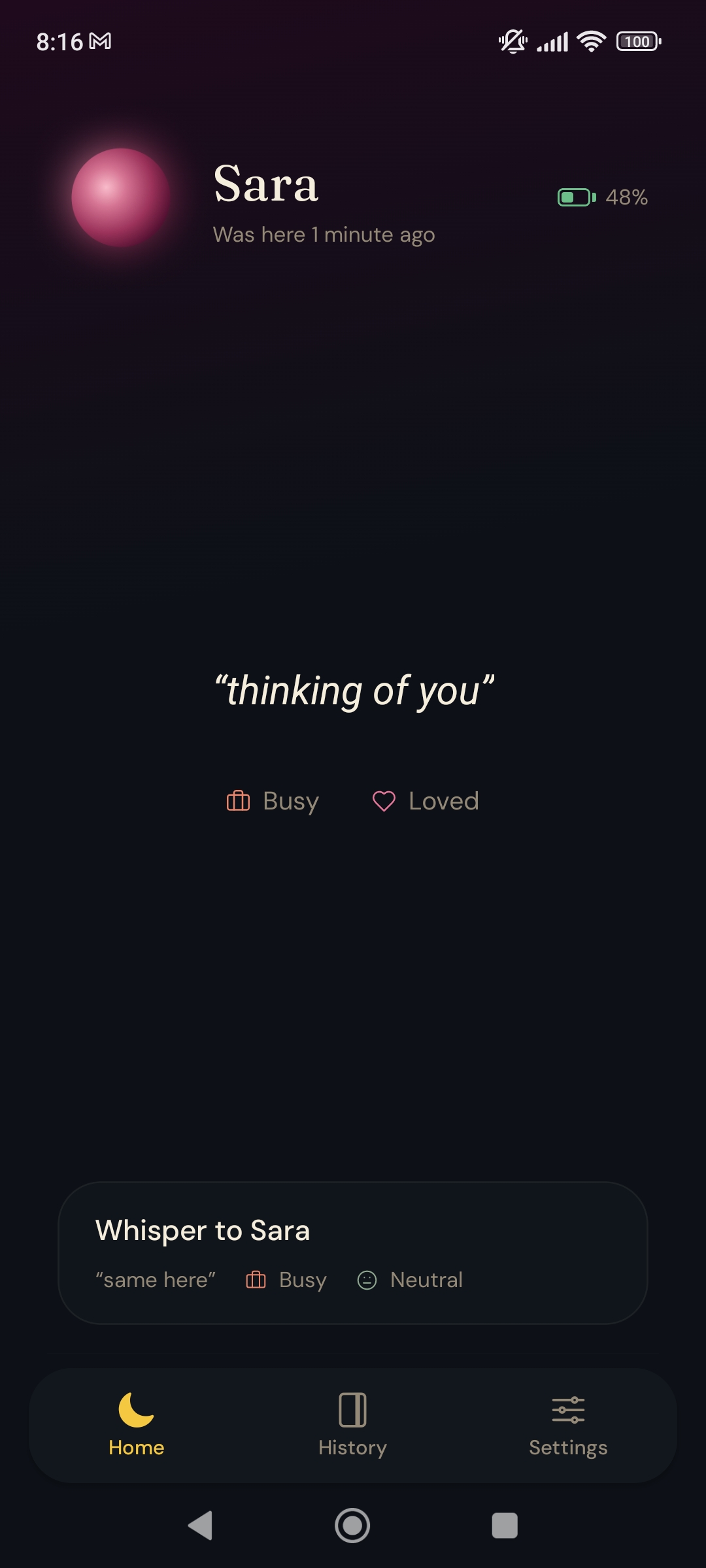 Lune home screen showing Sara’s presence
